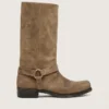 Botas de motociclista altas para hombre en gamuza encerada beige oscuro con correa y hebilla color plateado