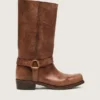 Botas moteras altas para mujer en cuero marrón con correa y hebilla color oro antiguo