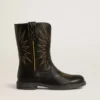 Botas Wish Teen de cuero negro con estrella bordada en amarillo