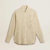 Camisas de algodón color crudo para hombre con rayas negras delgadas