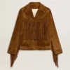 Chaqueta de gamuza color tabaco para mujer con flecos