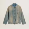 Chaqueta de mezclilla para hombre con efecto desgastado y cremallera