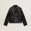 Chaqueta de motociclista de cuero negro para hombre con efecto brillante