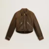 Chaqueta motera corta de cuero marrón para mujer con cremallera