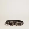 Cinturón negro de cuero lavado con doble hebilla color plata