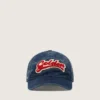 Gorra de béisbol azul denim con parche «Golden» de felpa roja y blanca