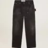 Pantalones de mezclilla negros desgastados para mujer con parches en la parte delantera