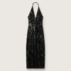 Vestido largo de mujer de tul con bordado floral de lentejuelas negras