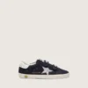 Zapatillas Junior Old School en gamuza azul con estrella plateada con purpurina y lengüeta de cuero blanco en el talón