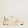 Zapatillas Running Sole para mujer en lona con estrella beige y lengüeta en el talón de cuero metalizado platino