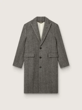 Abrigo de lana de un solo pecho para hombre con tejido en espiga beige y gris