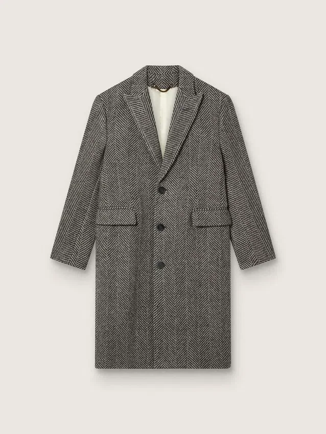 Abrigo de lana de un solo pecho para hombre con tejido en espiga beige y gris
