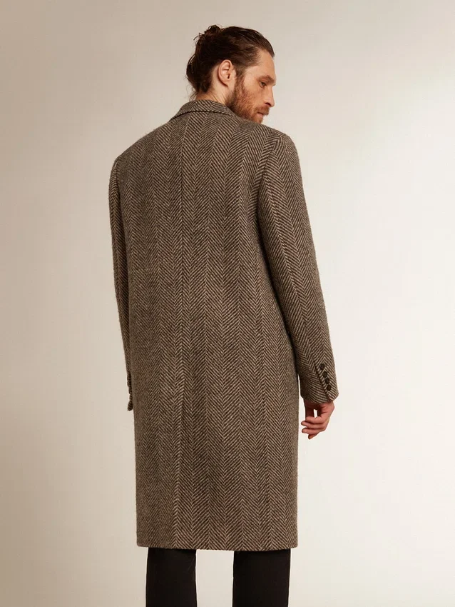 Abrigo de lana de un solo pecho para hombre con tejido en espiga beige y gris