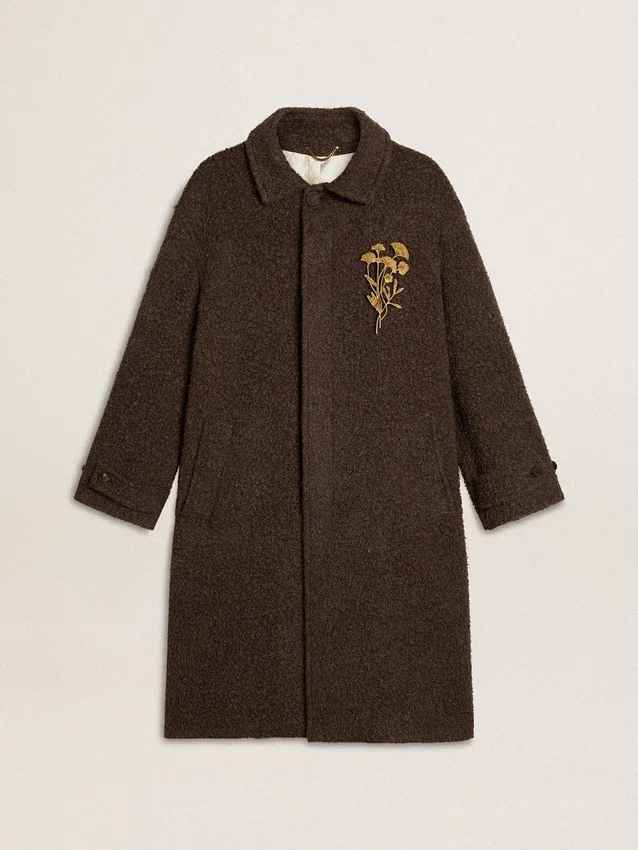Abrigo Journey de un solo pecho para hombre, en mezcla de lana arrugada con broche floral
