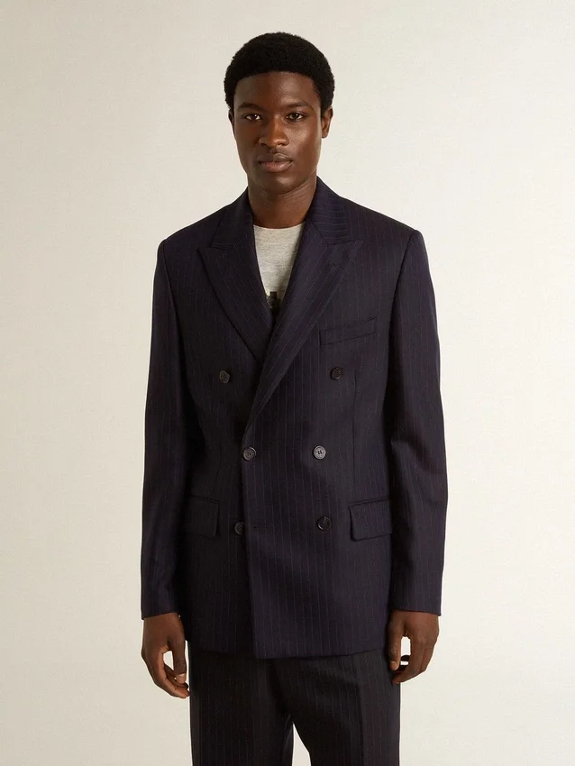 Americana de doble botonadura de lana azul medianoche para hombre