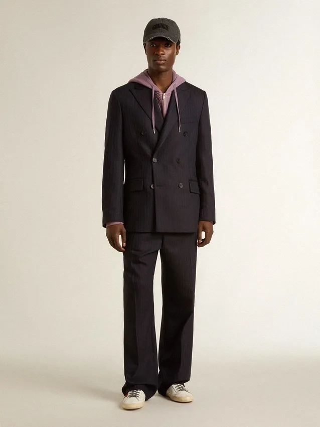 Americana de doble botonadura de lana azul medianoche para hombre