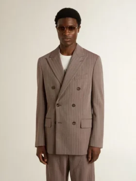 Americana de doble botonadura para hombre en mezcla de lana con diseño de chevrón color beige