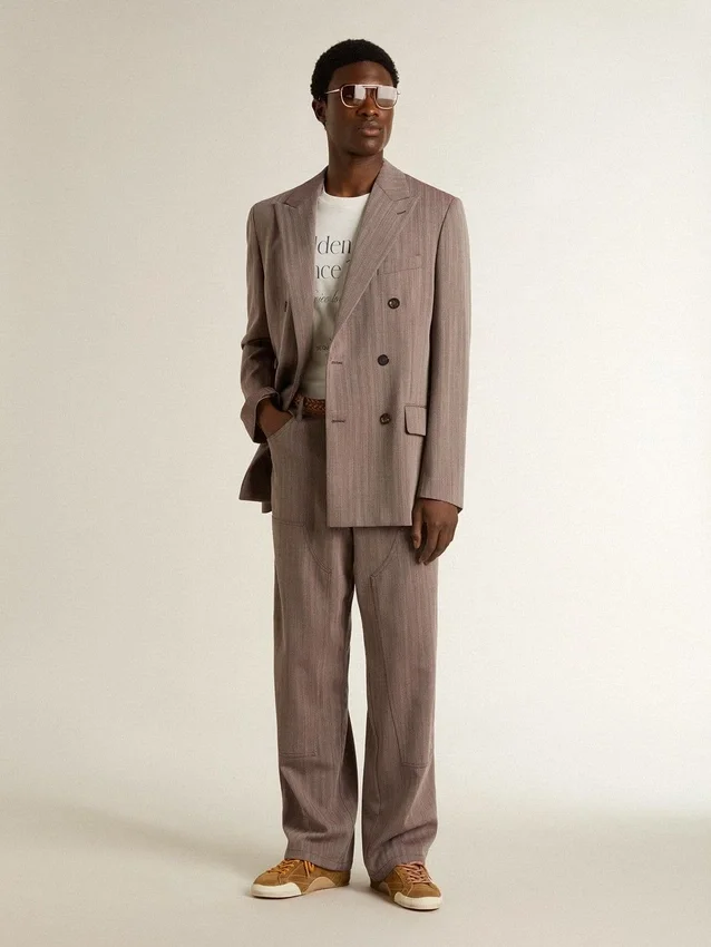 Americana de doble botonadura para hombre en mezcla de lana con diseño de chevrón color beige