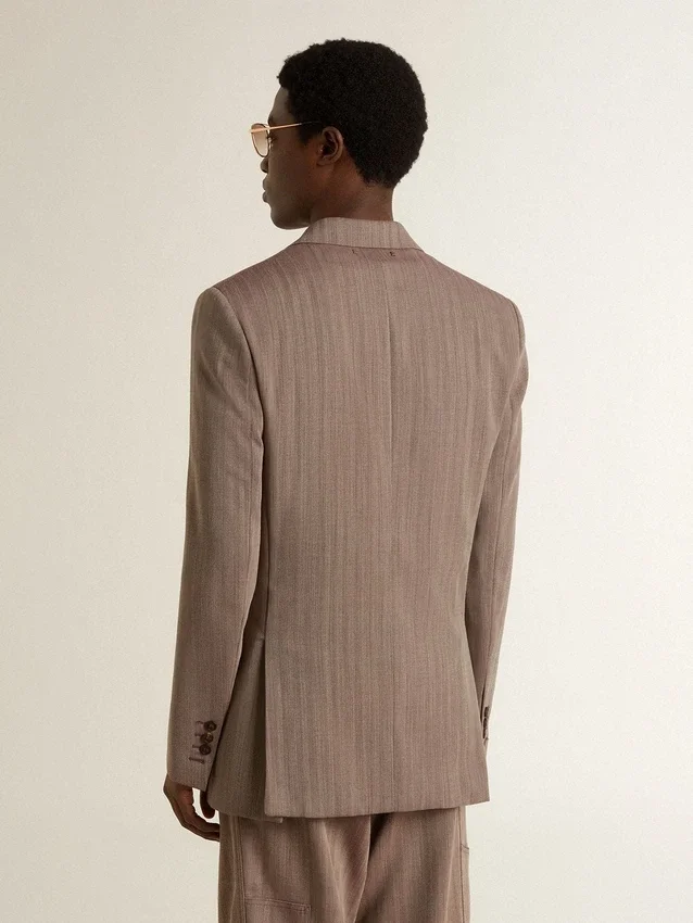 Americana de doble botonadura para hombre en mezcla de lana con diseño de chevrón color beige