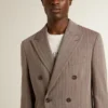 Americana de doble botonadura para hombre en mezcla de lana con diseño de chevrón color beige