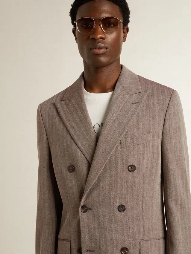 Americana de doble botonadura para hombre en mezcla de lana con diseño de chevrón color beige