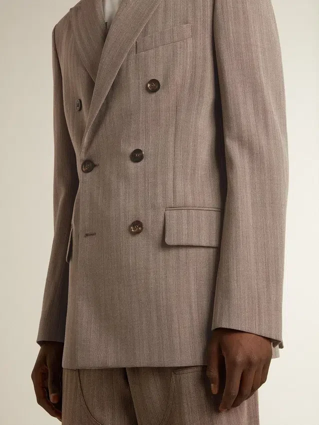 Americana de doble botonadura para hombre en mezcla de lana con diseño de chevrón color beige