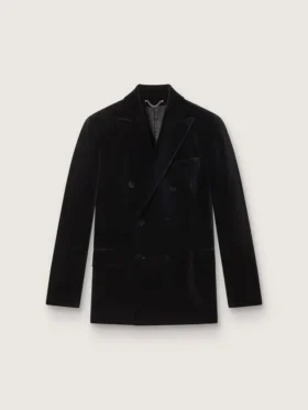 Americana de doble botonadura para hombre en terciopelo negro con solapas de satén negro