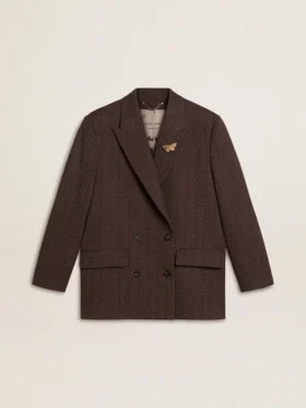 Americana de doble botonadura para mujer en lana marrón oscuro con diseño de rayas finas
