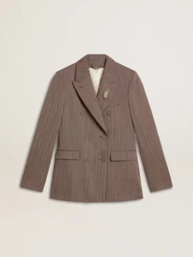 Americana de doble botonadura para mujer en mezcla de lana con diseño de chevron beige