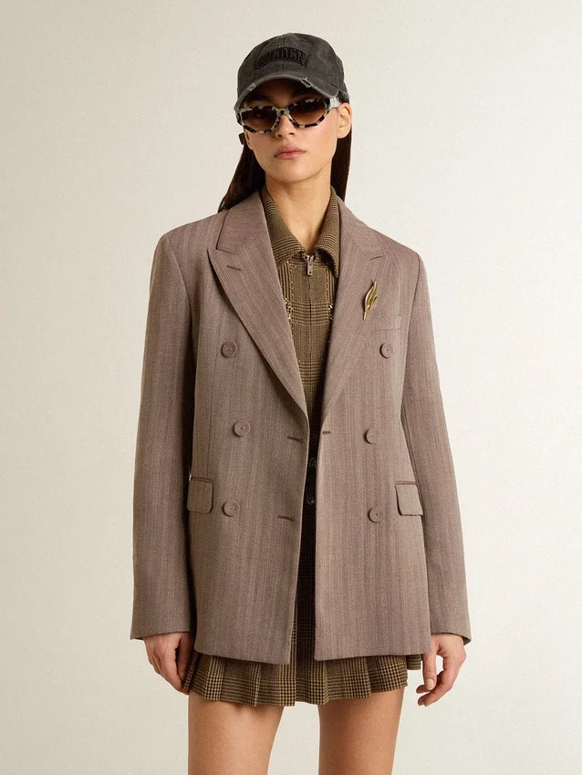 Americana de doble botonadura para mujer en mezcla de lana con diseño de chevron beige