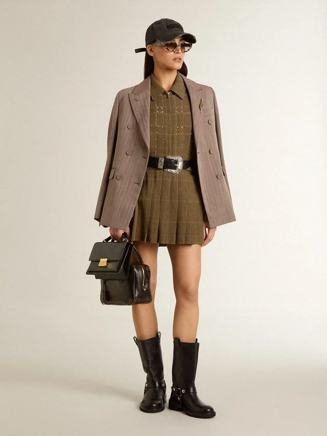 Americana de doble botonadura para mujer en mezcla de lana con diseño de chevron beige