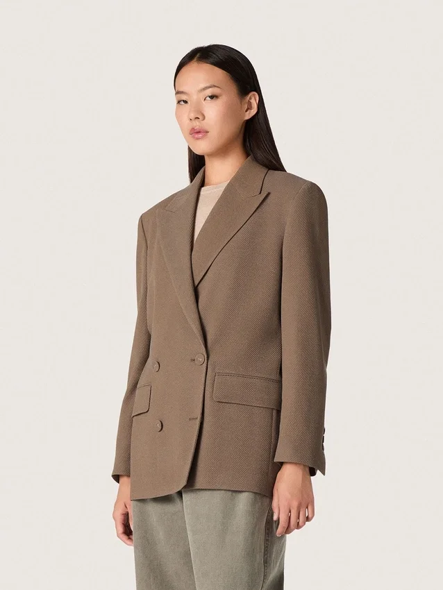 Americana de doble botonadura para mujer en mezcla de lana con diseño de chevron gris paloma