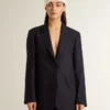 Americana de lana azul medianoche de una sola fila de botones para mujer