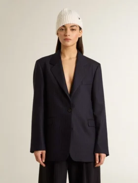Americana de lana azul medianoche de una sola fila de botones para mujer