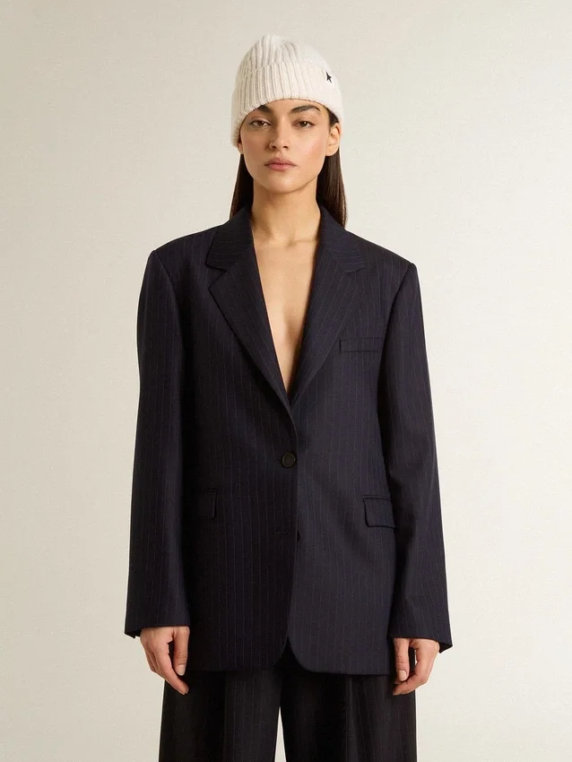 Americana de lana azul medianoche de una sola fila de botones para mujer