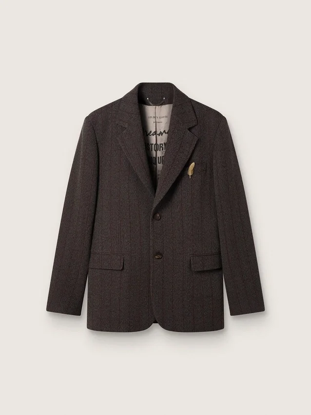 Americana de un solo pecho para hombre en lana marrón oscuro con diseño de rayas finas