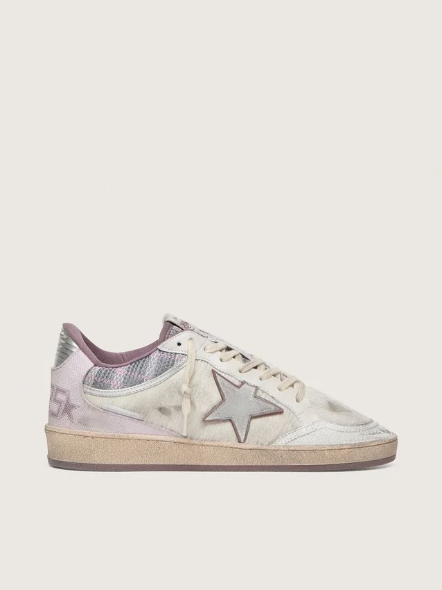 Ball Star LAB para mujer en nylon blanco y piel de potro con estrella plateada e inserciones lilas