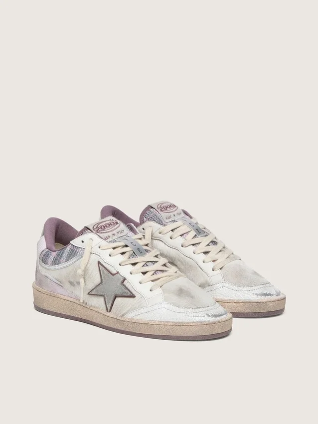 Ball Star LAB para mujer en nylon blanco y piel de potro con estrella plateada e inserciones lilas