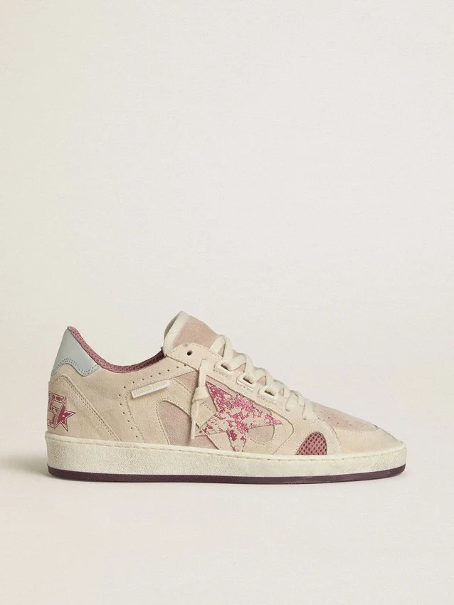 Ball Star LTD para mujer en gamuza rosa y beige con lengüeta del talón de cuero gris perla