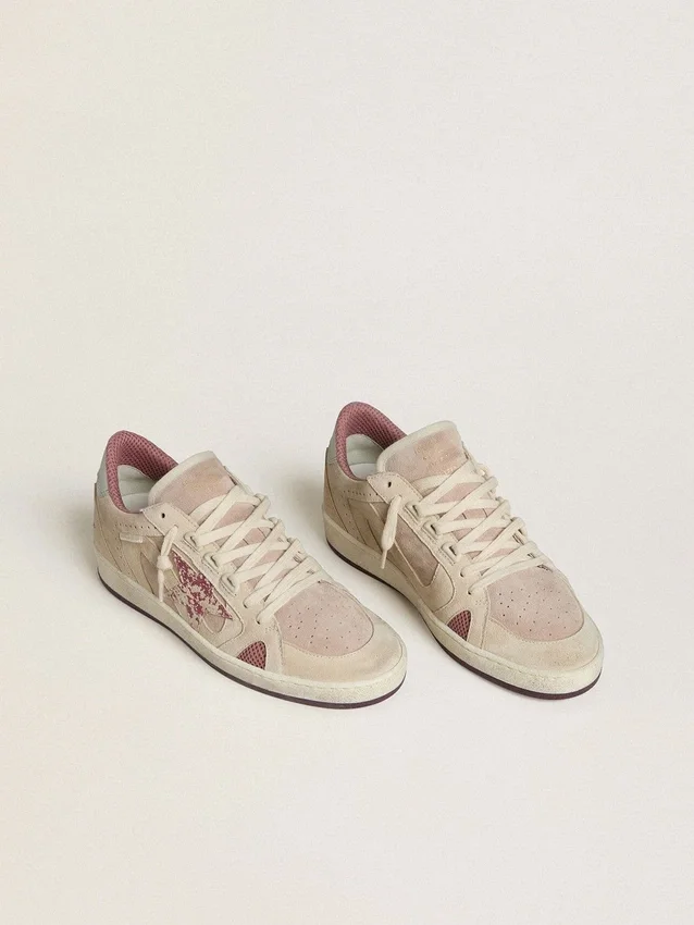 Ball Star LTD para mujer en gamuza rosa y beige con lengüeta del talón de cuero gris perla