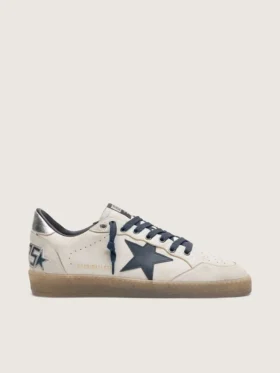 Ball Star para hombre en cuero blanco con estrella de cuero azul oscuro y lengüeta del talón de cuero laminado plateado