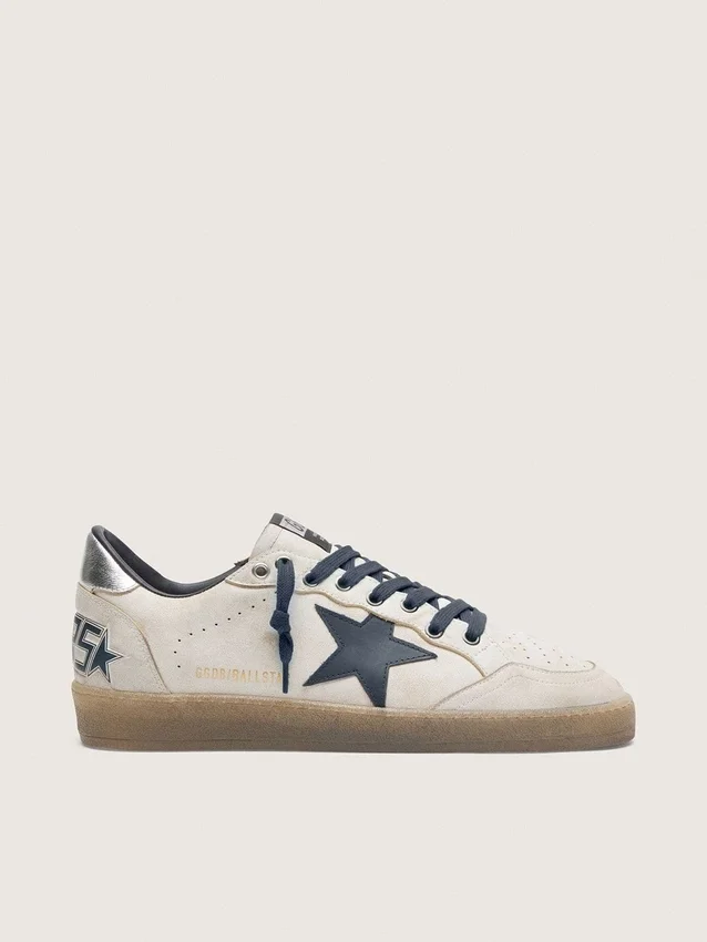 Ball Star para hombre en cuero blanco con estrella de cuero azul oscuro y lengüeta del talón de cuero laminado plateado