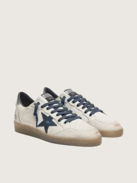 Ball Star para hombre en cuero blanco con estrella de cuero azul oscuro y lengüeta del talón de cuero laminado plateado