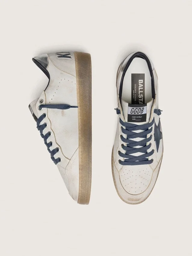 Ball Star para hombre en cuero blanco con estrella de cuero azul oscuro y lengüeta del talón de cuero laminado plateado