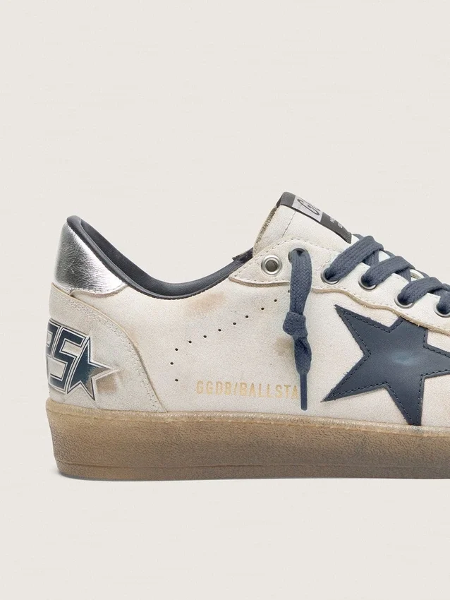 Ball Star para hombre en cuero blanco con estrella de cuero azul oscuro y lengüeta del talón de cuero laminado plateado