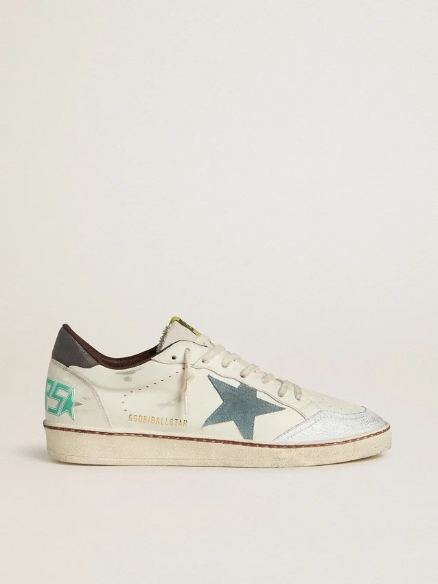 Ball Star para hombre en cuero blanco con estrella de gamuza azul claro y lengüeta del talón de nubuck marrón