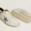 Ball Star para hombre en cuero blanco con estrella de gamuza azul claro y lengüeta del talón de nubuck marrón