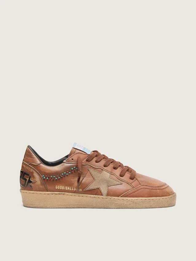 Ball Star para hombre en cuero marrón con estrella de gamuza beige y cuentas
