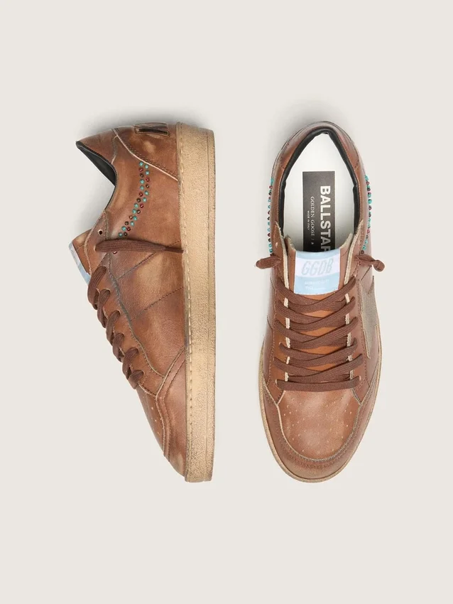 Ball Star para hombre en cuero marrón con estrella de gamuza beige y cuentas
