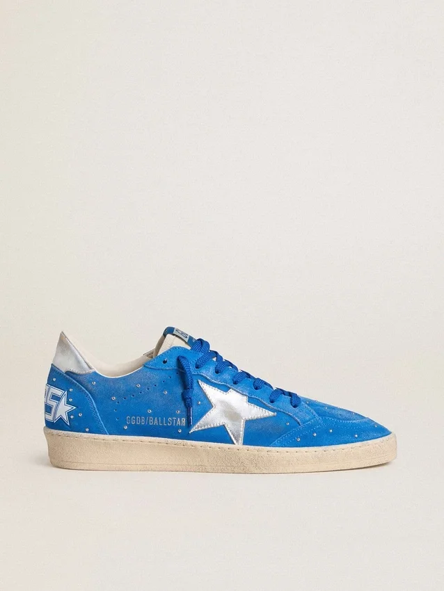 Ball Star para hombre en gamuza azul claro con tachuelas y estrella de cuero metalizado plateado